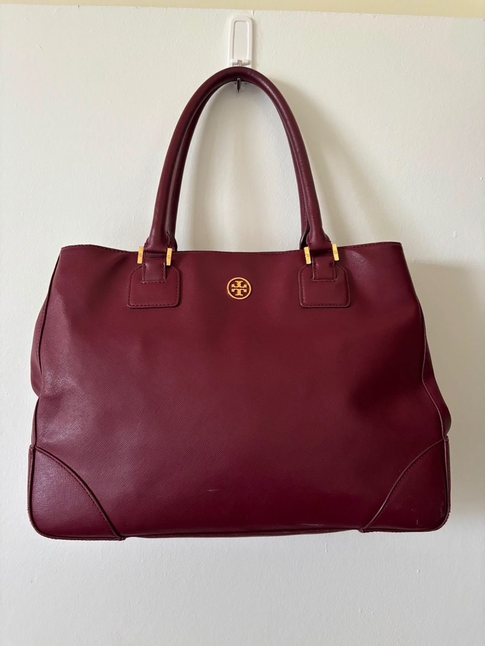 Tory Burch Wine Leather Tote with Gold Logo